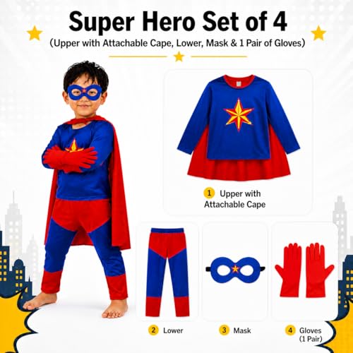 Image of superhero costumes for kids | Blue Red Full Sleeve T-Shirt & Track Pants | Kids Fancy Dress for Birthday Party, School Function for age group 3 to 8 yrs