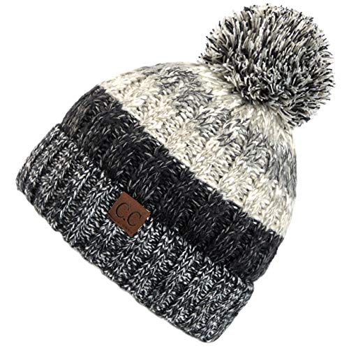 C.C Hatsandscarf Women's Winter Slouchy Knitted Hat Cable Knit Pom Beanie Hat (Black/Grey)