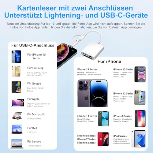 SD Kartenleser iPhone,SD Card Reader für iPhone/iPad/Kamera,SD Kartenleser USB C gleichzeitiges Laden und Kartenlesen,iPhone SD Kartenleser,Card Reader Kartenlesegerät mit Dual Slot für Micro SD/SD