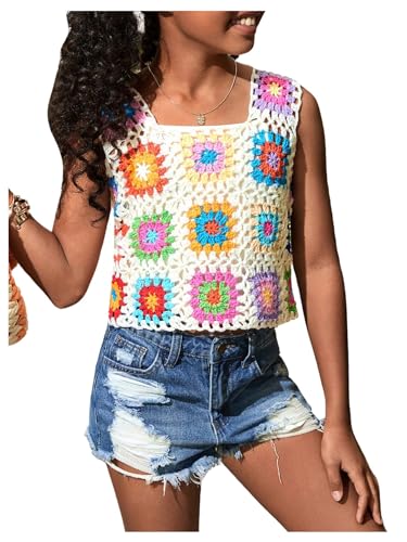 GORGLITTER Girl's Floral Pattern Crochet Top Sleeveless Square Neck Knitted Tank Tops