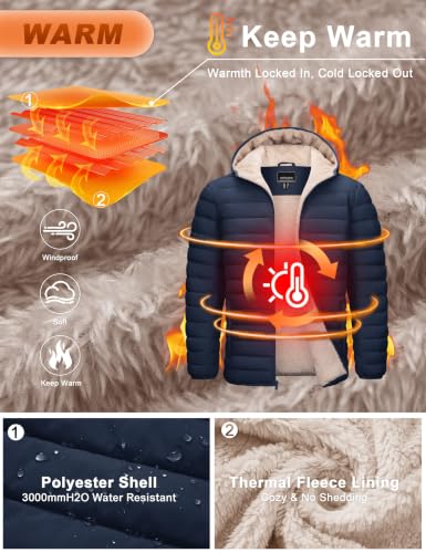 Image of Cotrasen Mens Puffer Jacket Sherpa Lined Water Resistant Hooded Full Zip Mid-Weight Warm Insulated Winter Coat