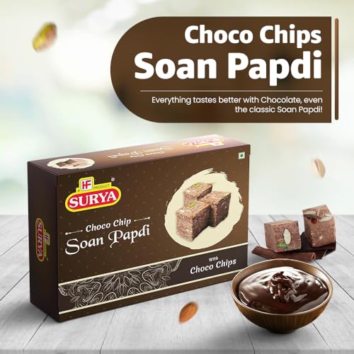 Image of HF, Surya Choco Chip Soan Papdi- 200g | Soft & Flaky, Nutty Garnish Mithai | No Added Preservatives Soan Cake for Tea-Time Snack, Ready to Serve Dessert