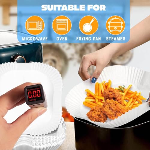 Image of PureBake 100 Pcs Air Fryer Paper Sheets, Disposable Paper Liner, Parchment Paper for Airfryer & Microwave, Oil Proof for Frying, Baking, Cooking, Roasting (Square, 8 Inch with Oil Brush)