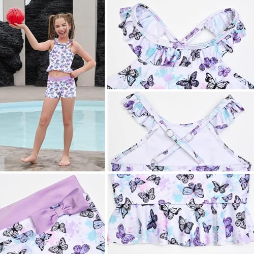 Image of CHILDRENSTAR Little Girls Tankini Swimsuit 2 Pieces Bathing Suit for Kids | Quick-Dry Cross-Back Adjustable Ruffles with Bow Decor Swimming Tankini and Short For Beach and Pool