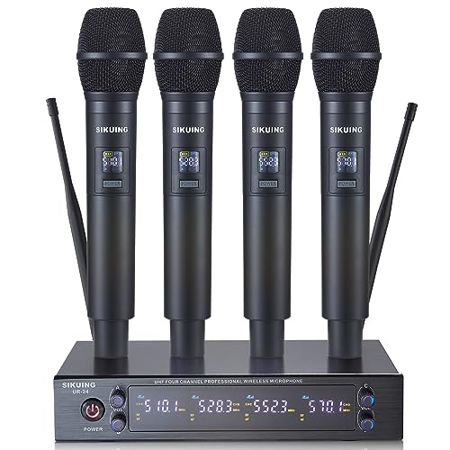 SIKUING Sistema microfono wireless UHF a 4 canali con microfono senza fili, 4 x 50 frequenze regolabili, ideale per riunioni karaoke, chiesa, portata 300 ft (4 microfoni manuali)