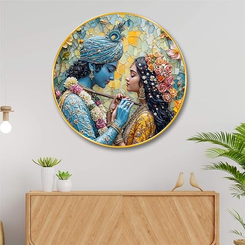 Image of Livin'luxe paintings Radha krishna religious modern art Premium Sparkle lamination Golden Slim Frame 58 cm x 58 cm Large Size, For Home /Office /Hotel painting GR-161