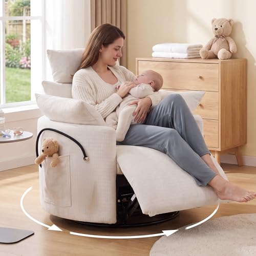 DEKKETO Swivel Rocking Recliner Armchair with Adjustable Headrest Chenille Reclining Lounge Chair for Nursery and Living Room with Phone Holder and 2 Cushions 200kg Capacity Manual White