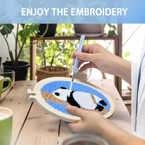 Image of Danvk Panda Punch Embroidery Kit with Embroidery Fabric, Hoop,Scissor,Punch Needle and Yarns, Hand Craft Gift,DIY Embroidery Kits, Hand Punch Needle Kit for Women and Beginners(Panda-Climbing)