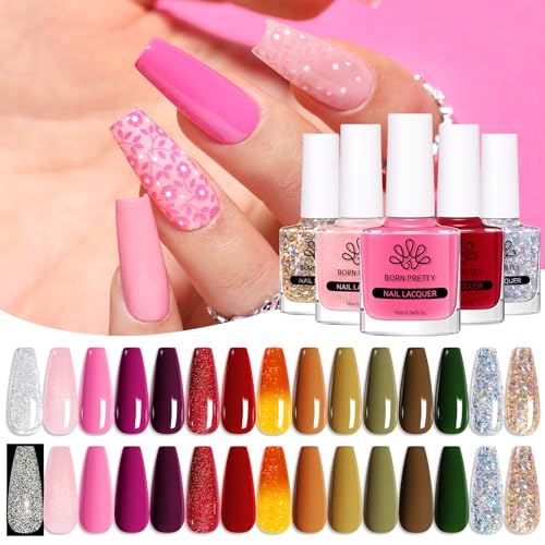 Born Pretty 15 Colors Nail Polish Set, Quick Dry Nail Polish Kit Pink Red Silver Gold Glitter Color Changing Orange Nail Lacquer Glossy Nail Polish for Beginner Manicure DIY Salon Home Ideal Gift