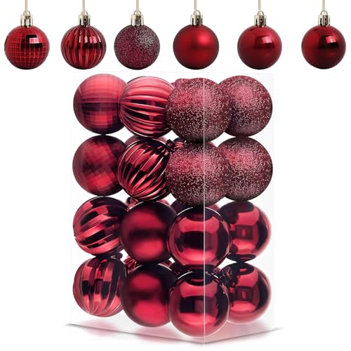 24Pcs Burgundy Baubles for Christmas Tree Decorations 60mm/2.36 Large Xmas Bauble Hanging Ball Christma Balls Ornaments with Strings Shatterproof Wine Red Christmas Baubles for Xmas Tree Party Decor
