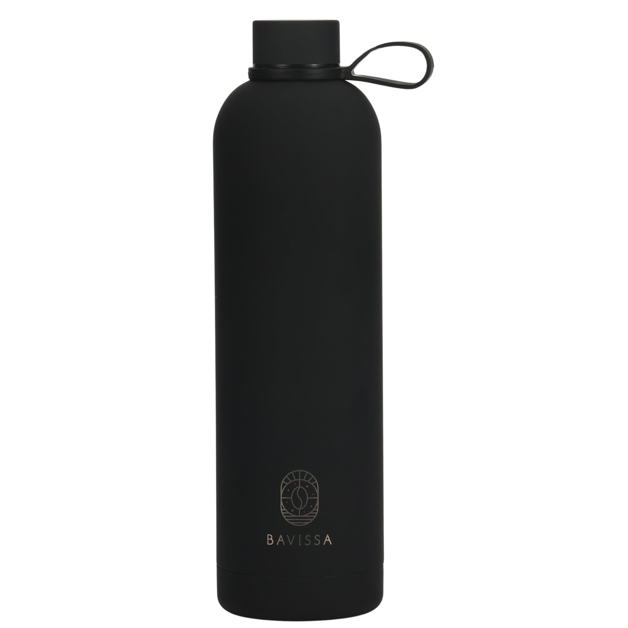 BAVISSA Insulated Water Bottle 1000ml with Lid Clip, Double Wall Vacuum Drinks Bottle Keeps Drinks Cold 12 Hrs/Hot 6 Hrs, Stainless Steel Water Bottle BPA Free (Matte Black)