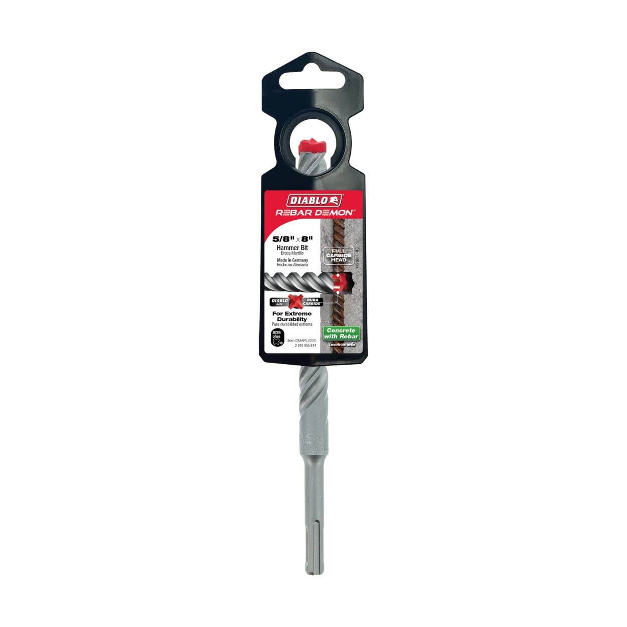 Diablo Rebar Demon SDS-Plus 4-Cutter Full Carbide Head Hammer Drill Bit for Concrete and Reinforced Materials - 5/8" Diameter, 8" Length, 6" Working Length - DMAPL4220