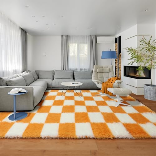 Image of KICMOR Soft Fluffy 5x8 Orange and Cream White Rugs Living Room Carpets, Large Fuzzy Checkered Shag Area Rug Big Carpet for Bedroom, Indoor Plush Shaggy Rug for Nursery Teen Boys Girls Room Decor