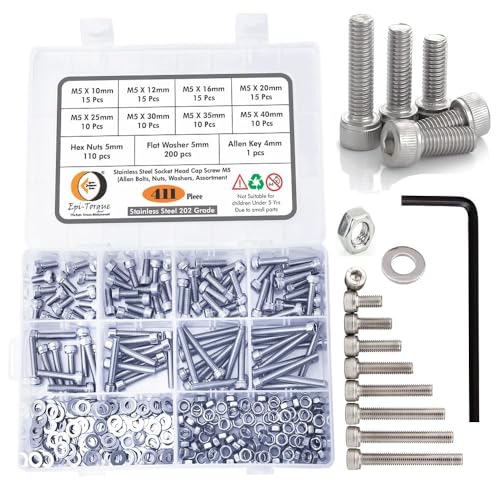Image of Metric M5 Stainless Alloy Steel 202 Grade Socket Head Cap Screws Nuts Allen Bolt Washer with Allen Keys Assortment Kit Set with Storage Box Pack of 411 Pcs.