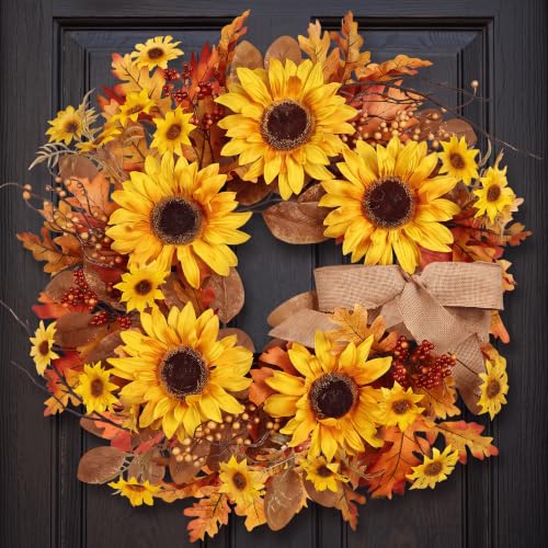OZFHUA 24 Inch Sunflower Fall Wreath for Front Door Decor
