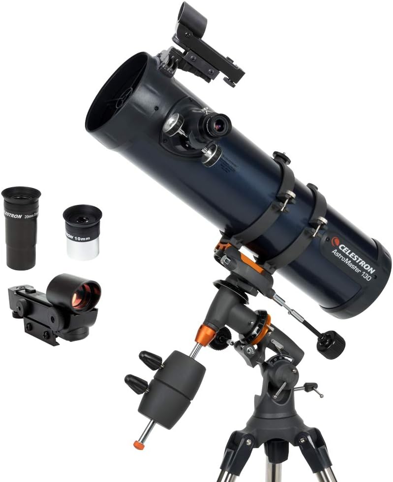 AstroMaster 114EQ Newtonian Telescope – Manual Reflector for Beginners – Aluminized Mirror – Adjustable-Height Tripod – Includes Accessories Plus Astronomy Software Package