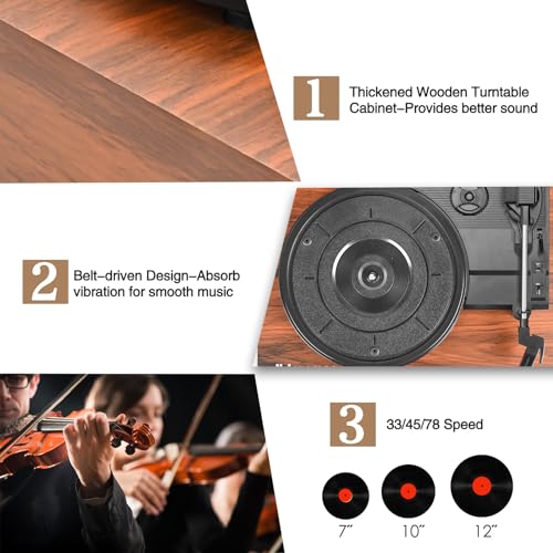 Image of Vinyl Record Player with Upgraded Speakers and USB,Belt-Driven Bluetooth Turntable with 3 Speed AUX Input Headphone Jack and RCA Output