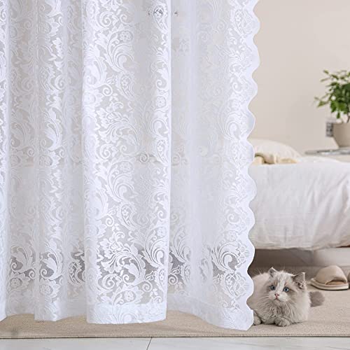 Cortinas de encaje floral blanco, cortinas de encaje traslúcidas de 54 gotas para dormitorio, cortinas cortas, juego de 2 unidades de 52 pulgadas de anchox54 pulgadas de largo, color blanco