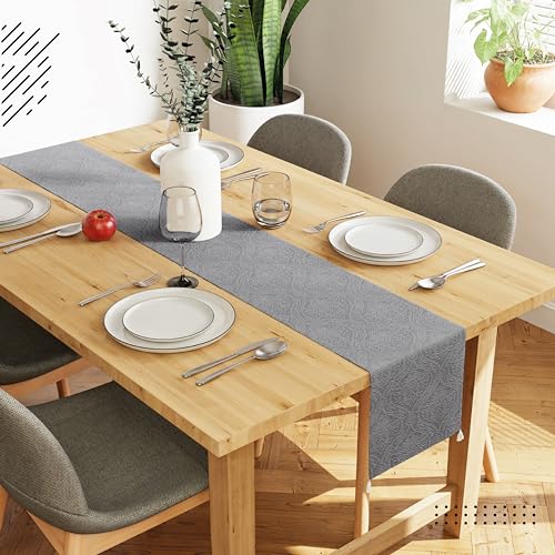 Image of Encasa XO 8 Seater Dining Embossed Velvet Table Runner | Size 32x240 cm | Grey Color with Premium Polyester - Machine Washable
