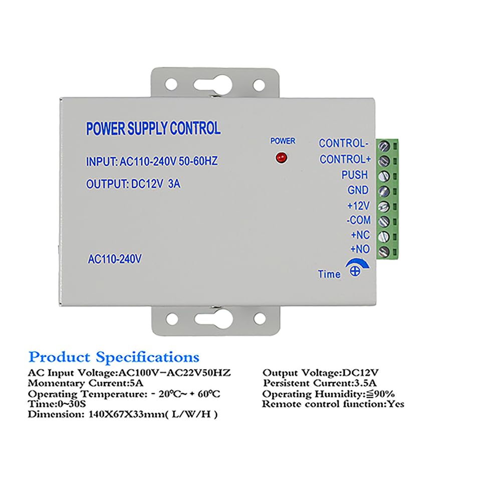 Sistema di controllo accessi con impronta digitale, tastiera RFID impermeabile con alimentatore 12V DC/3A, pulsante di blocco porta, 10 portachiavi.