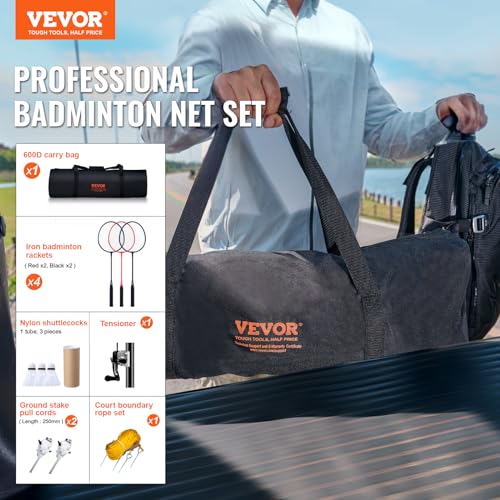 VEVOR Badmintonnetz-Set, Badmintonnetz für den Außenbereich, Badmintonschläger, Nylon-Federbälle, Spannvorrichtung, Begrenzungslinien, Tragetasche, Schwarz, Polyethylen (PE), Badminton