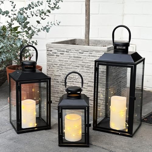 3er Set Gartenlaterne Windlicht Laterne Laternen Metalllaterne Set Dekoration Außen Metall Schwarz H24/33/41cm