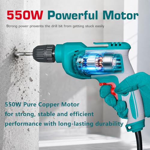 Image of TOTAL 550W Electric Drill Machine, 100% Copper Motor | 0-3300 RPM Variable Speed Control | 0.8-10mm Keyless Chuck | Lock-on Button | Forward & Reverse Drilling for Wall, Wood, Metal, Screwdriving