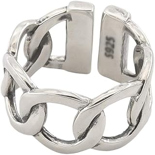 Dtja Silver Wide Open Band Ring for Women Statement Cuban Link Chain Adjustable Punk Hip Hop Motorcycle Rings Comfort Fit Fashion Vintage Jewelry