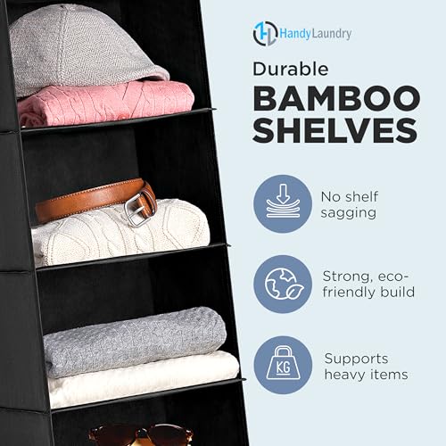 Hanging Closet Organizer - 6 Shelf Storage for Clothes, Sweaters, Shoes & Accessories - Space-Saving Wardrobe Shelves with Hooks for Dorm, RV & Small Closet Organization (Black) - Image 5