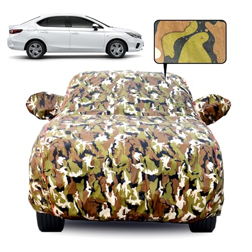 Image of Waterproof Car Body Cover for Honda City T-4 (2014-2019) with Mirror Pocket, Soft Cotton Lining, Triple Stitched, Full Bottom Elastic (Heat Resistant Jungle Print with Red Piping)