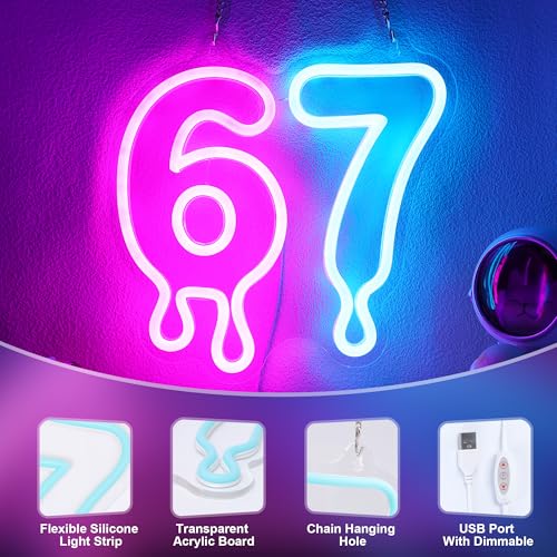 Image of 67 Neon Sign, Light up 67 LED Number Neon Lamp, Funny 67 Gifts for Kids Boys Teens Friends Classmates Colleague, 67 Ornaments Decoration for Home Bedroom Gamer Room