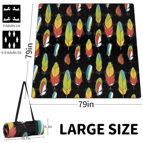 Shimoshe Extra Large Picnic Blankets 79”x 79”, Ethnic Feathers Waterproof Foldable Picnic Mat with Straps Portable Beach Blanket for Camping Park Grass Beach Indoor