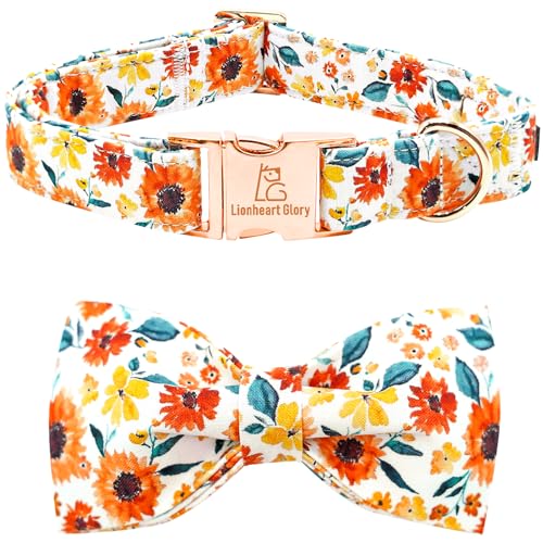 Lionheart glory Dog Collar Bow Collar Floral Dog Collar with Bow Tie Spring Summer Cute Collar Dog Boy or Girl Dog Collars Soft Durable Adjustable Dog Collars for Medium Dogs