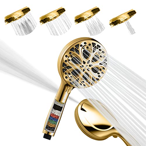 SparkPod High Pressure 5" Multifunction Filtered Handheld Shower Head - Luxury Design - No Hassle Tool-Less 1-Min Installation (10 Function, Handheld Only, Egyptian Gold)