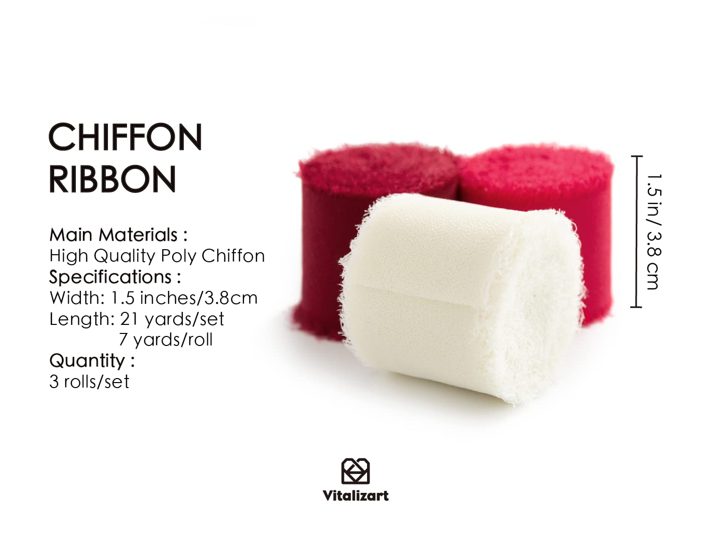 Vitalizart Chiffon Silky Ribbon Red & White Handmade Fringe, 1.5" x 21 Yd Frayed Edges Ribbons for Wedding Invitations Bridal Bouquets Gifts Wrapping Crafts Holiday Party Decorations - Image 2