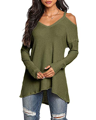 YOINS Vrouwen Koude Schouder Baggy Shirt Lange Mouwen Gebreide Top Off Shoulder Blouses, Groen-nieuw, S