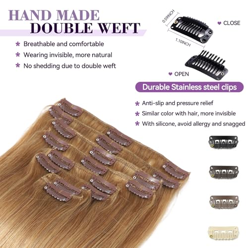 Image of Clip in Hair Extensions Real Human Hair 20 inch 105g /3.7oz Straight Seamless Invisible Human hair Extensions Clip ins for Women Double Weft 8pcs #27-Honey Blonde