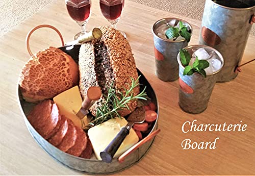 Galrose Rustic Galvanized Metal Serving Tray – Rose Gold Handles For Drinks Bar Table Centerpiece Sturdy Oval Decorative Serving Tray Platter. 6Th Iron Anniversary Housewarming Or Retirement Gift #TOP2