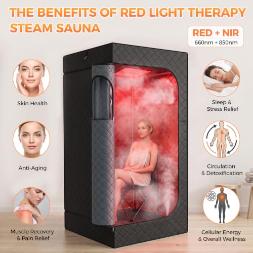 Infrared Sauna Box with 660nm Red Light Therapy & 850nm Infrared Light Panel, 3L Steamer, 9 Temp Levels & 99 Min Timer, 5-Layer Waterproof Insulated, Folding Chair, Personal Sauna for Home(Black) - Image 3