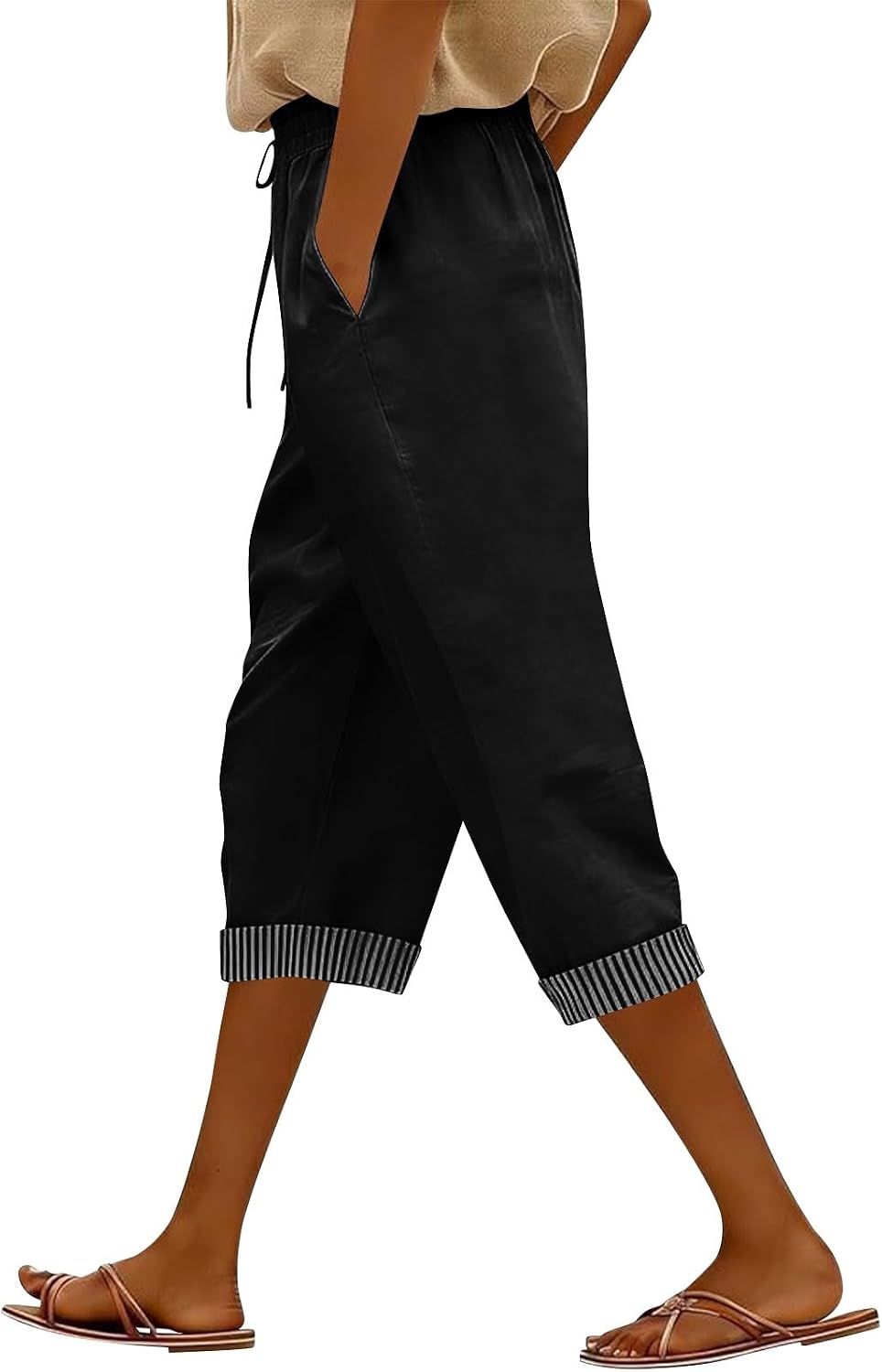 Capris Pants for Women Summer Casual Loose Drawstring High Waist Straight Lounge Beach Cropped Trousers with Pockets