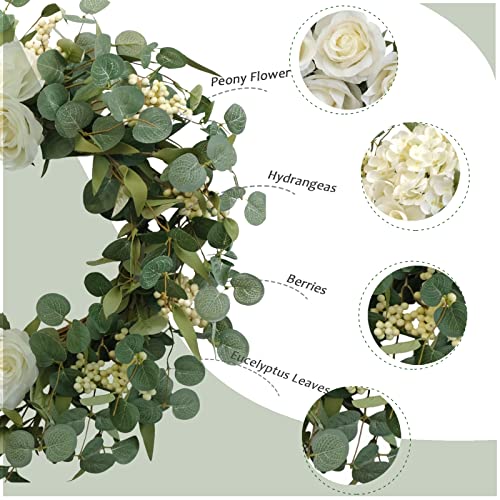 Tempus 20" Hydrangeas Spring Wreath For Front Door, Artificial Summer Green Wreaths With White Peony Flowers For Farmhouse Home Wedding Party Wall Windows Outdoor Decor（White） #TOP2