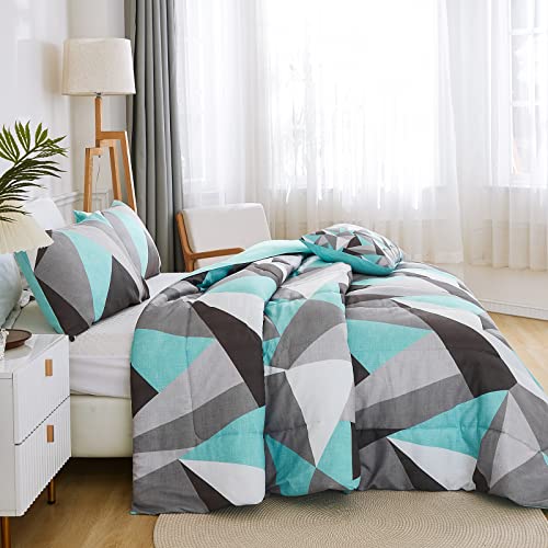 Teal Comforter Set Geometric Bedding Set Queen Size Teal And Gray Triangles Printed Pattern 4 Pcs Modern Diamond Bedding Set With 1 Cushion Cover(Queen, Geometric) #TOP1