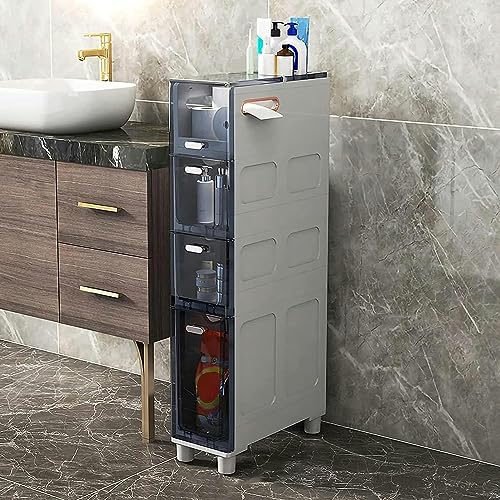 MEILISHAOMEI Armario de baño estrecho alto delgado con 5 cajones, marco resistente, gabinete de almacenamiento de papel higiénico estrecho con cajones transparentes y ruedas para espacios pequeños y