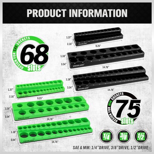 Image of SWANLAKE Magnetic Socket Organizer Set, 1 /4 inch, 3 /8 inch, 1 /2 inch Sockets Holds 286 Pieces Magnetic Socket Trays (Blue&red&black&green, 12 Pcs)
