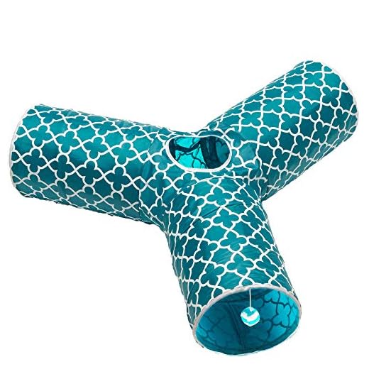 Prosper Pet Cat Tunnel - Collapsible 3 Way Quatrefoil Play Toy - Tube Fun for Rabbits, Kittens, and Dogs - Quatrefoil Teal/White
