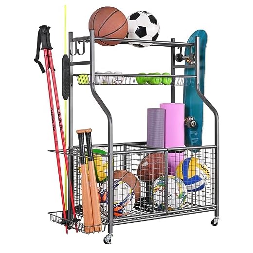 Mythinglogic Garage Storage System, Garage Organizer with Baskets and Hooks, Sports Equipment Organizer for Kids, Ball Rack, Garage Ball Storage, Sports Gear Storage, Black, Powder Coated Steel