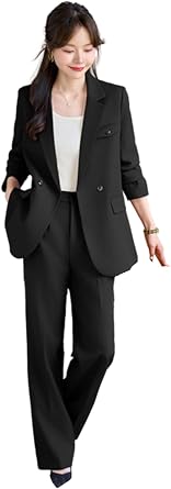 Womens Dressy Double Breasted Jacket and Loose Straight Leg Pants 2 Piece Set