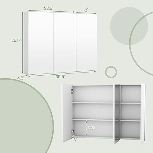 Miniatura 3 de Giantex Botiquín de baño con espejo, gabinete de pared extragrande con 3 puertas con espejo sin marco, 2 estantes ajustables, armario de baño