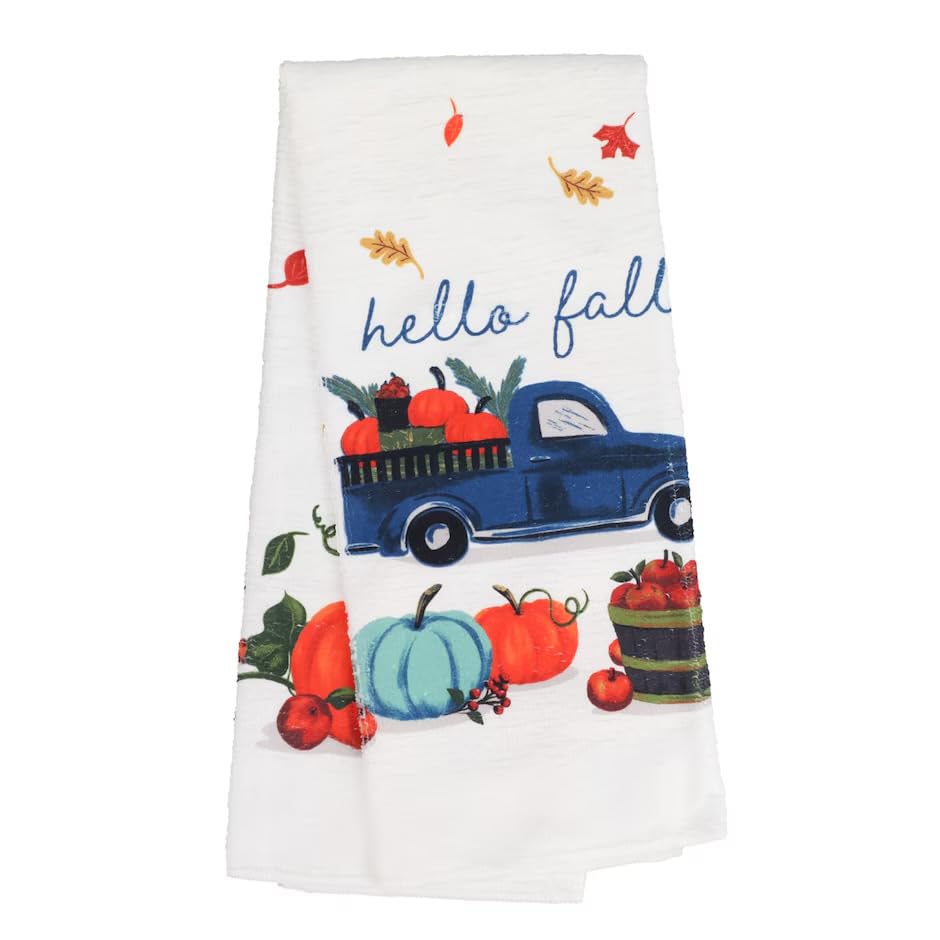 Hello Fall Decorative Autumn Happy Thanksgiving Kitchen Linen Towel Set Farmhouse Pumpkin 4pc 2 Pot Holders 1 Towel 1 Mitt (Bundle KC Tingamajig) Accessories Holiday Decor