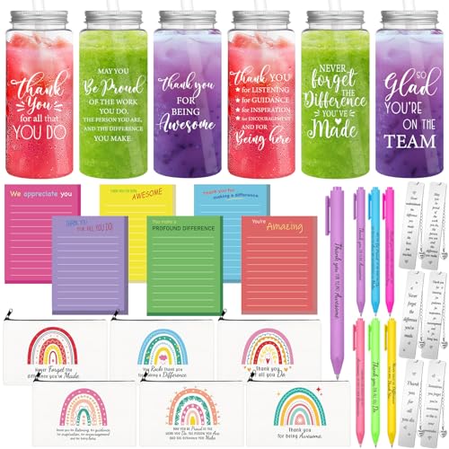 SiliFine 36 Pcs Employees Appreciation Gift Set Thank You Gifts for Women 6 Set Inspirational Tumbler with Lids and Straws Makeup Bags and Keychains Ballpoints Sticky notepads bookmark with pendant